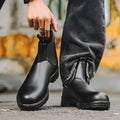 Vintage brown frosted PU leather Chelsea boots for men and women with car stitch detail and low heel.