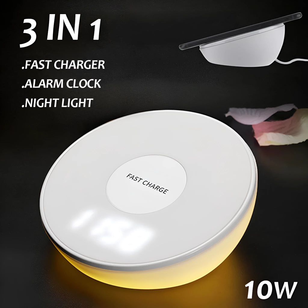 White slim QI wireless charger with LED clock display for mobile phones.