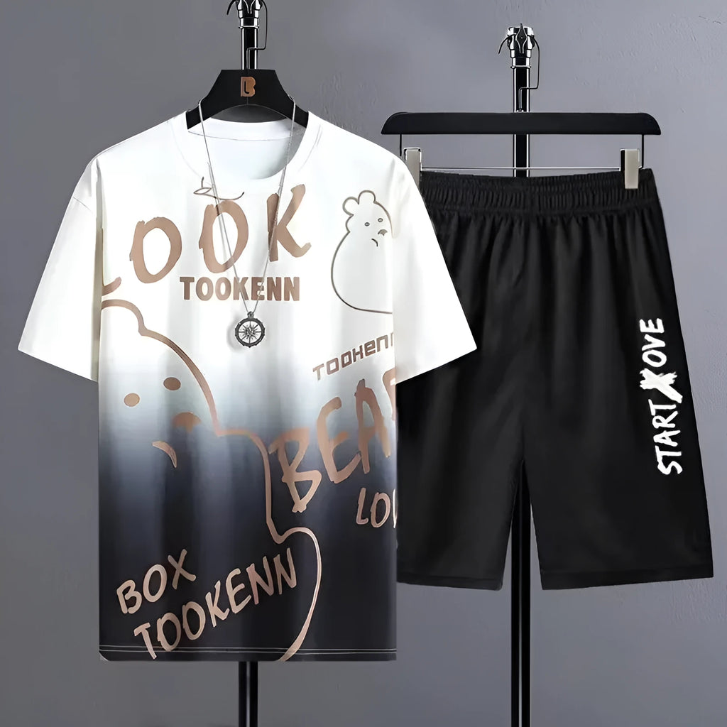 Men's summer ice silk suit featuring short sleeve T-shirt and matching shorts in polyester fabric
