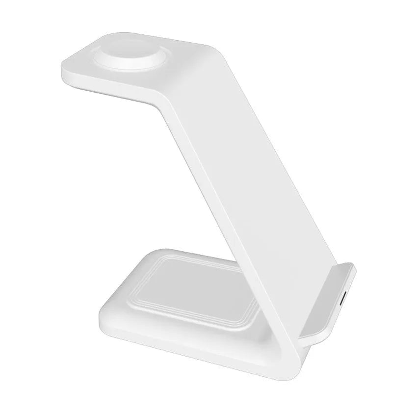 White 3-in-1 upright wireless charging phone holder stand with dual coil charging surface