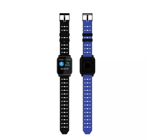 Blue A6 colour screen smart bracelet with zinc alloy case on a silicone strap, showing the 1.3-inch display.