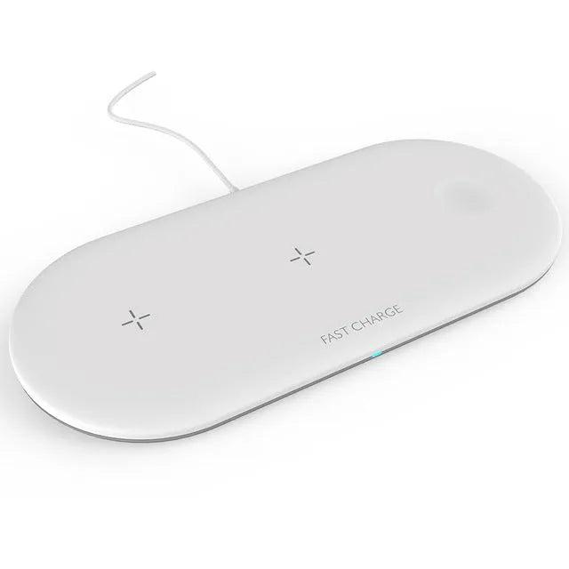 Black three-in-one wireless charging dock for iPhone, Apple Watch and wireless earbuds on a desk