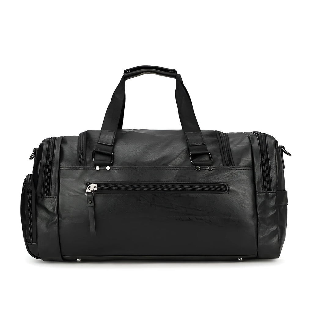 Black PU travel bag with separate shoe compartment measuring 52cm height