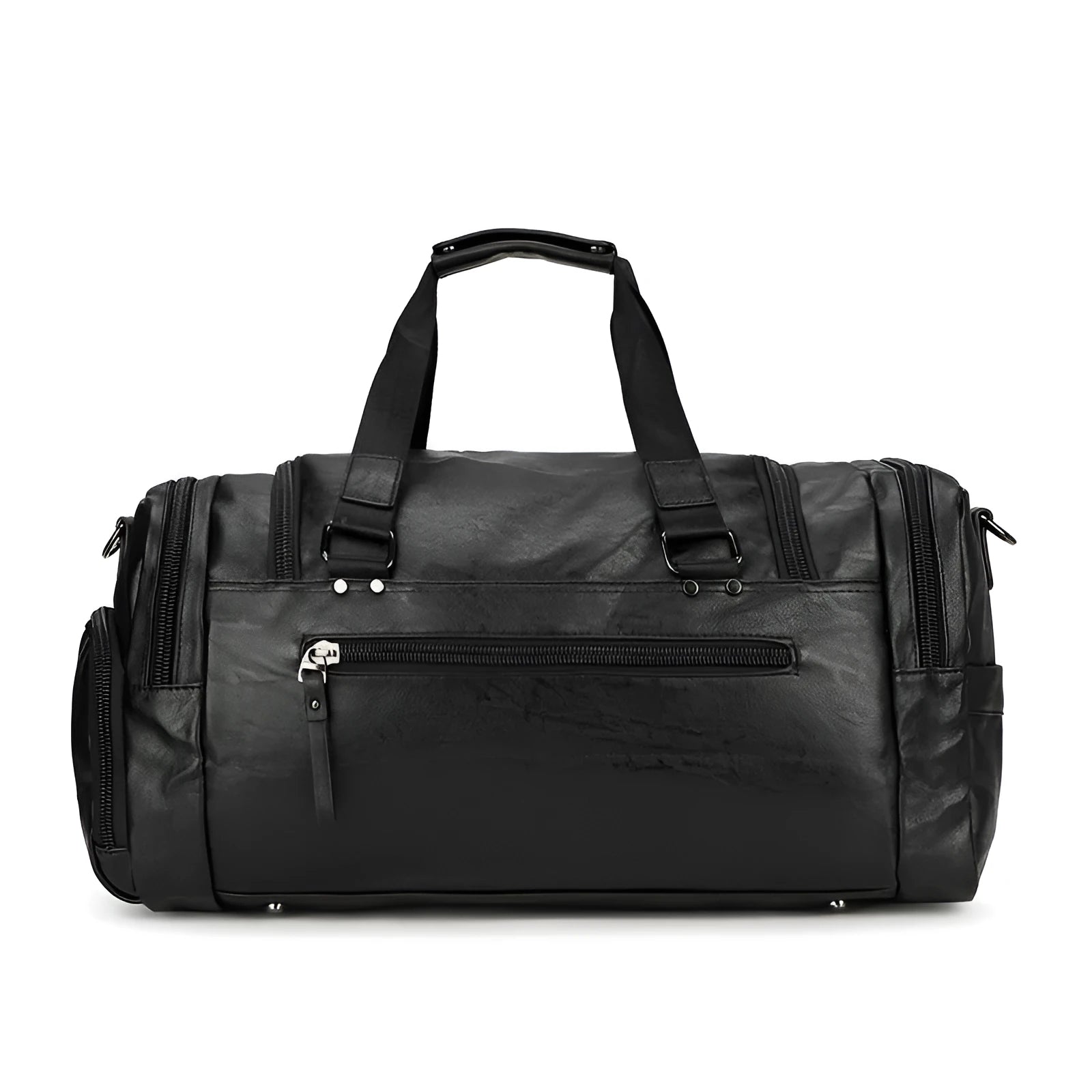 Black PU travel bag with separate shoe compartment measuring 52cm height