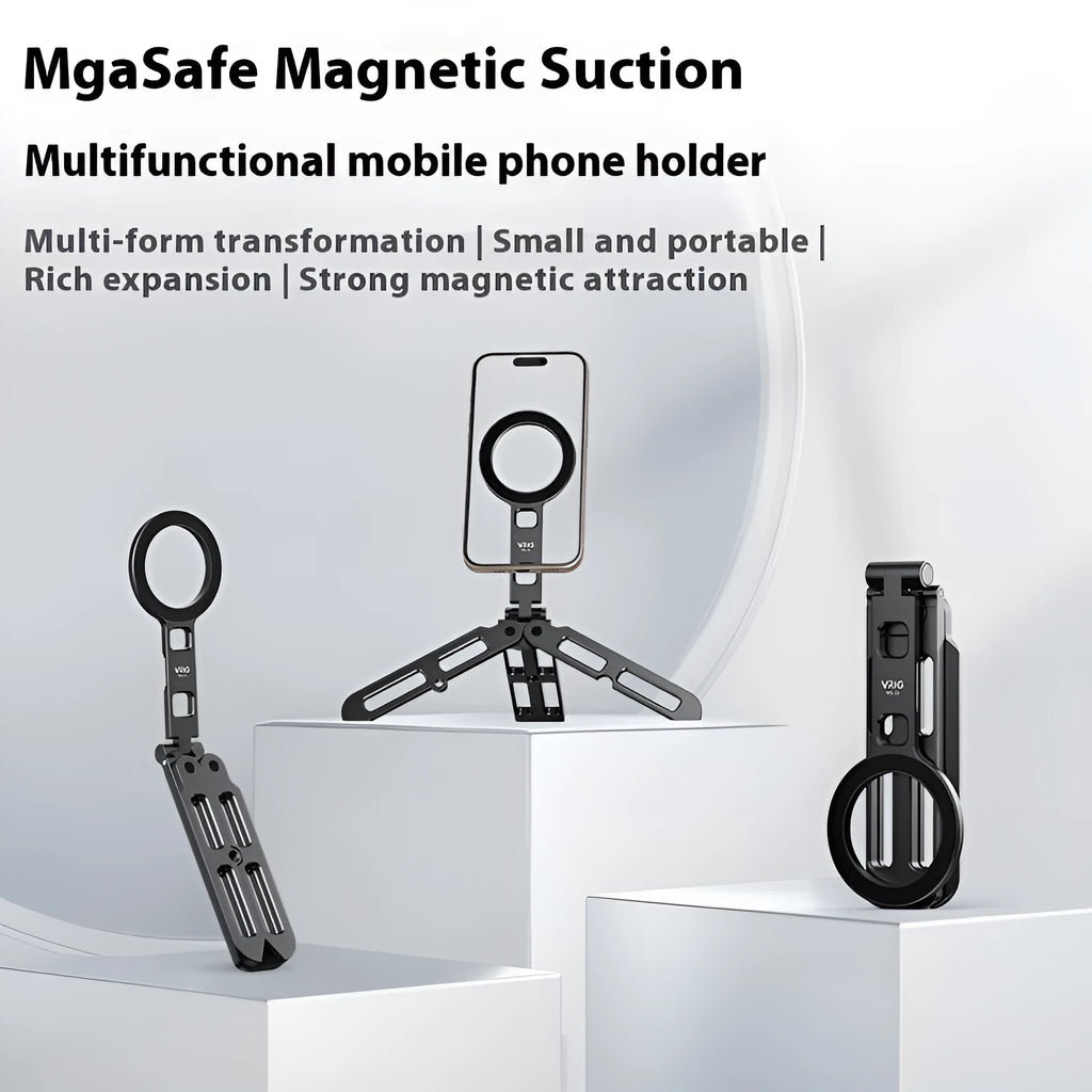 Black magnetic tripod bracket folded for travel, made of aluminum alloy, compatible with MagSafe and universal metal surfaces.