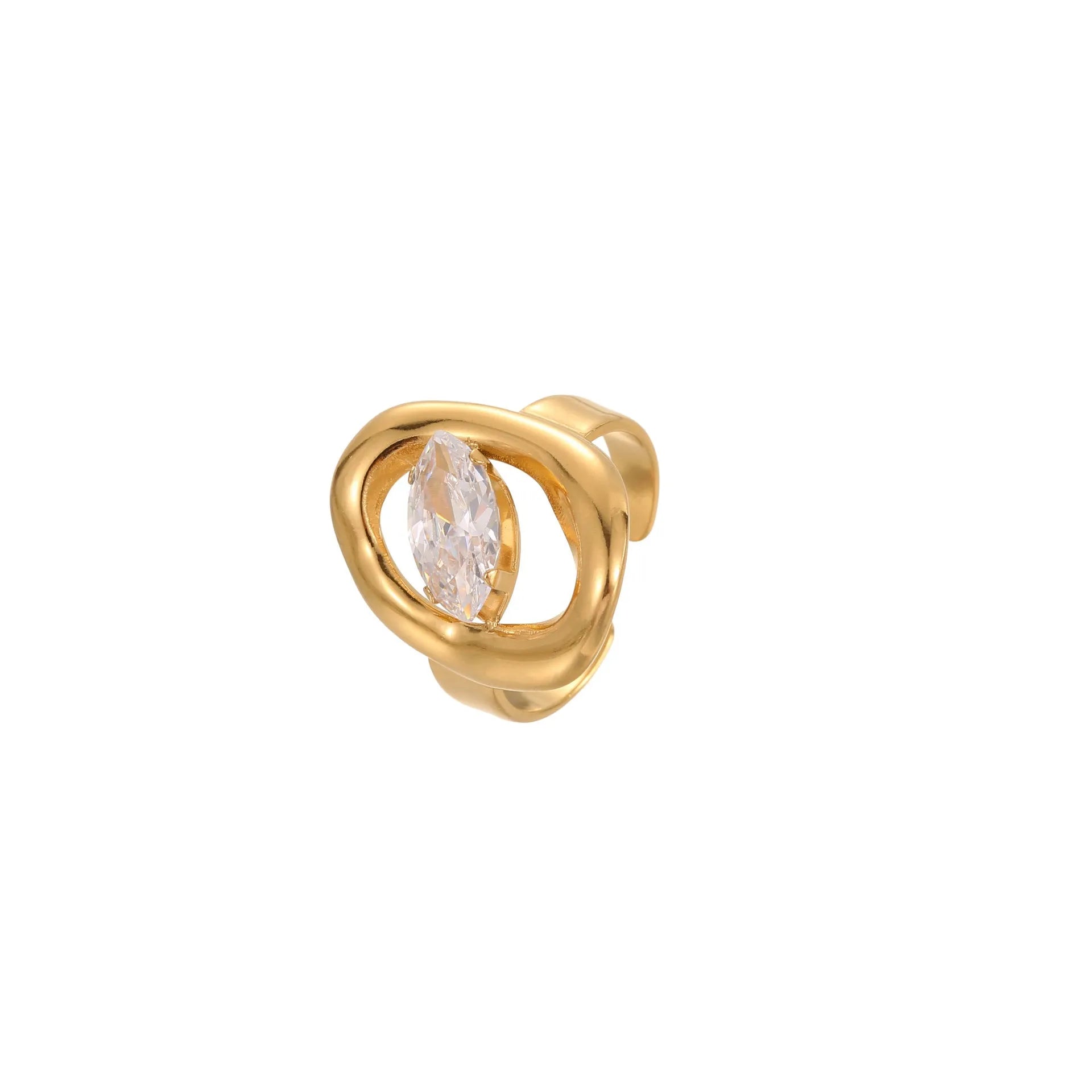 Geometric stainless steel ring with open mouth adjustable design and faceted zircon centrepiece