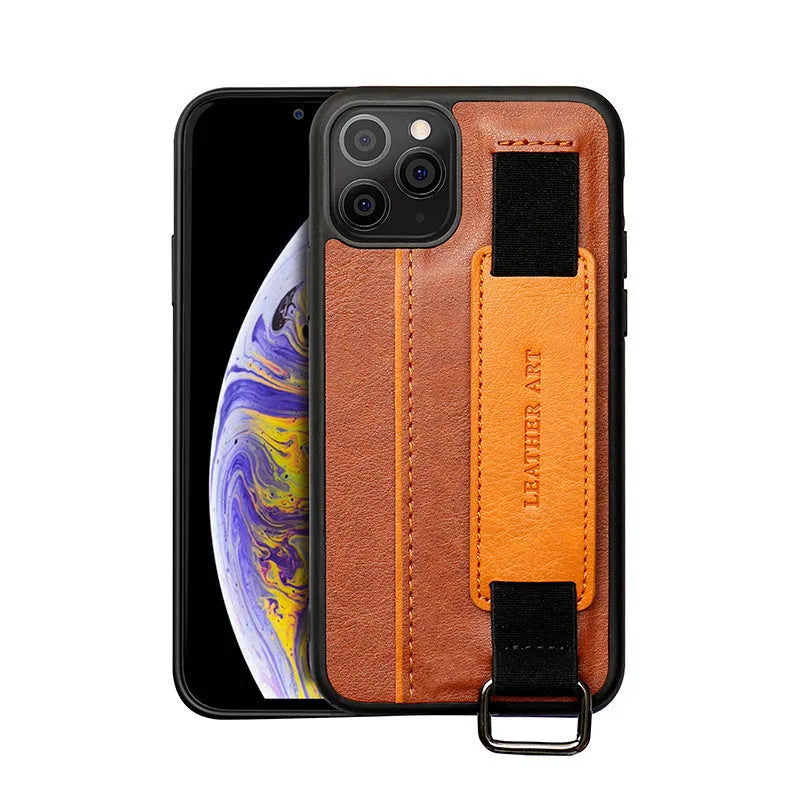Brown imitation leather iPhone case with a wrist strap, showing decorative stripes and stitching.