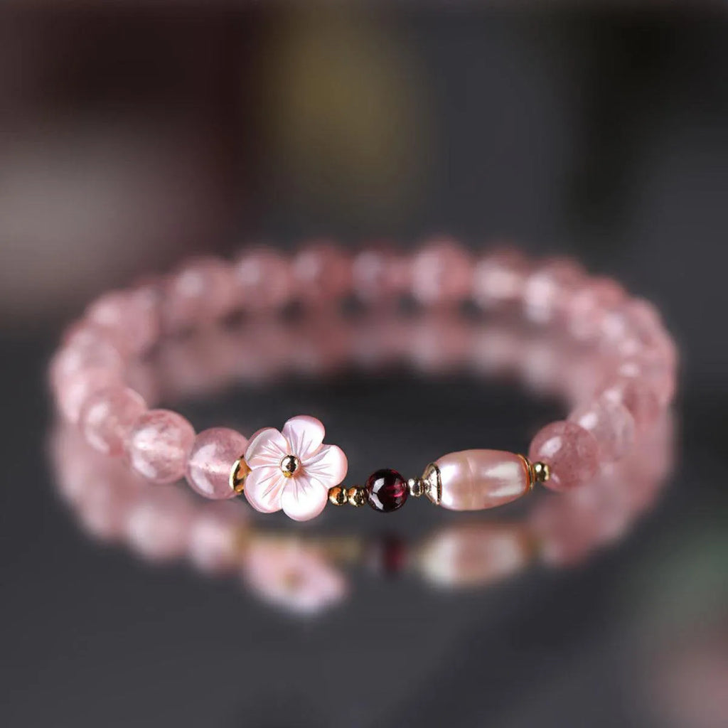 Strawberry quartz peach blossom crystal bracelet with floral design for women