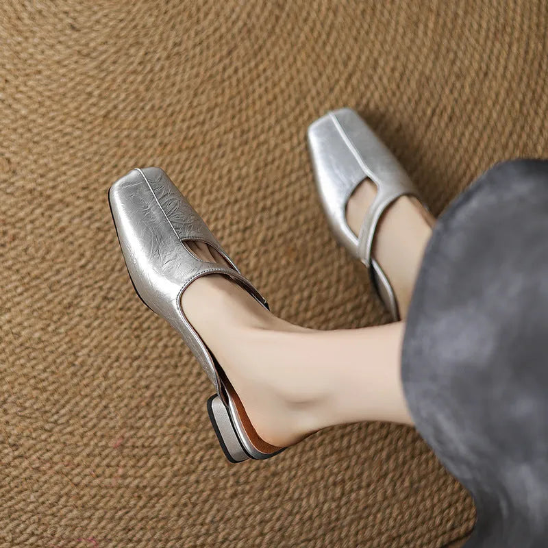 British style square head outdoor slippers in black with low heel and rubber sole