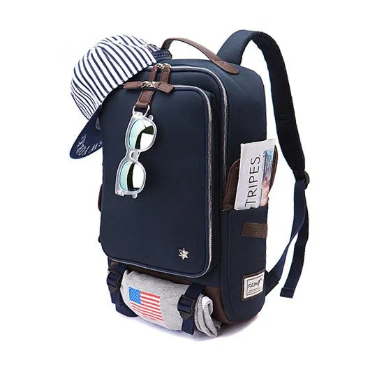 Men's modern Oxford cloth backpack in seven colour options showing dimensions of 30cm wide by 16cm thick by 46cm high