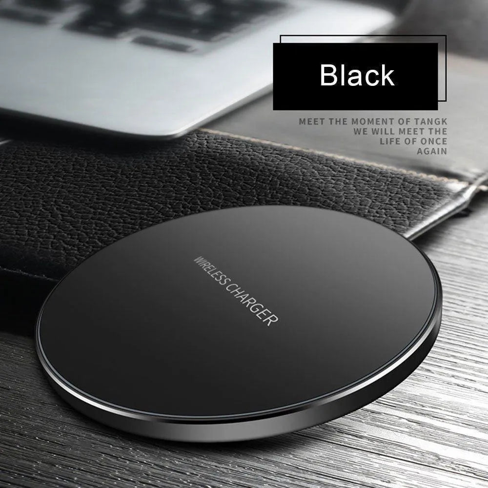 Ultra-thin black wireless fast charger with 9V QI charging and 98×98×6.5mm dimensions