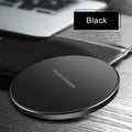 Ultra-thin black wireless fast charger with 9V QI charging and 98×98×6.5mm dimensions
