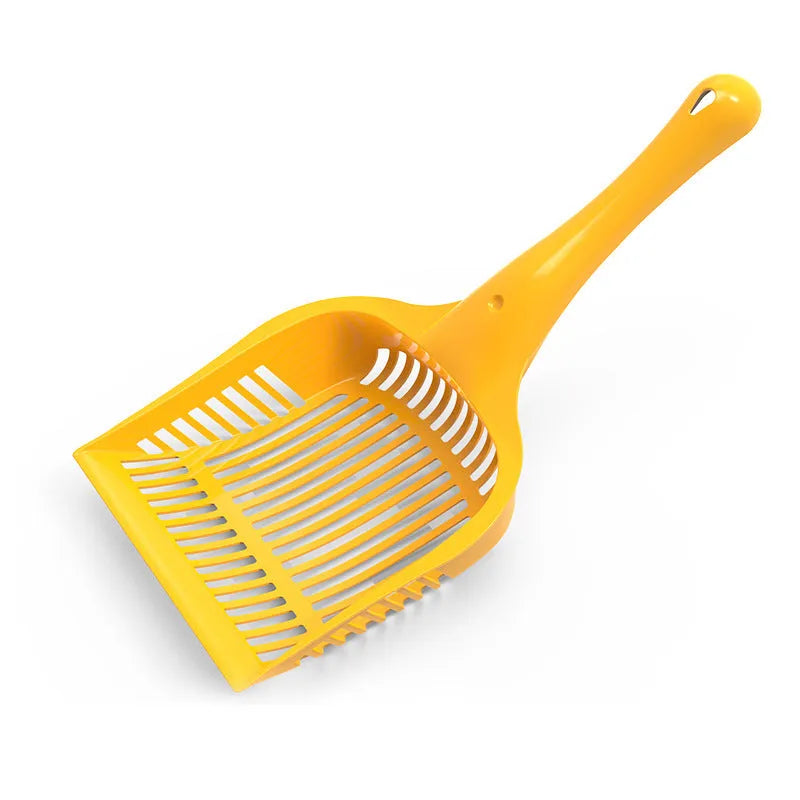 Blue, red, or yellow plastic cat litter scoop shown in small and medium size options.