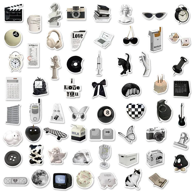 61-piece black and white PVC waterproof sticker pack for laptops, phones, luggage, and sports equipment decoration