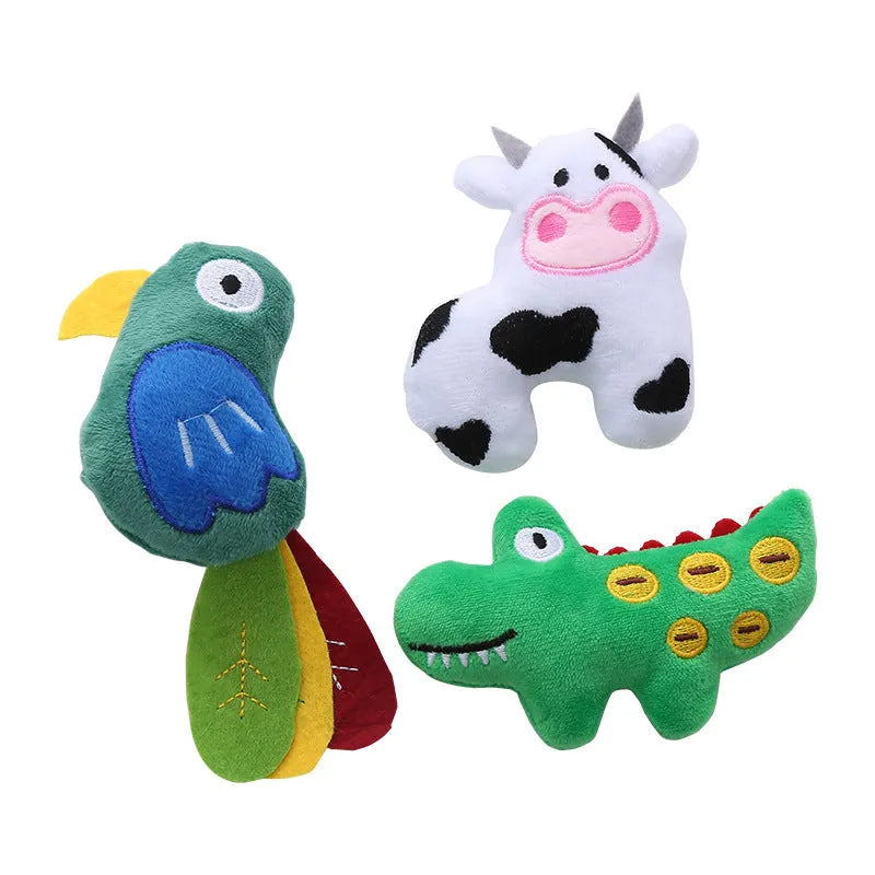 Plush cat toy shaped like a cow, a parrot, or a crocodile with catnip for bite-resistant interactive play.