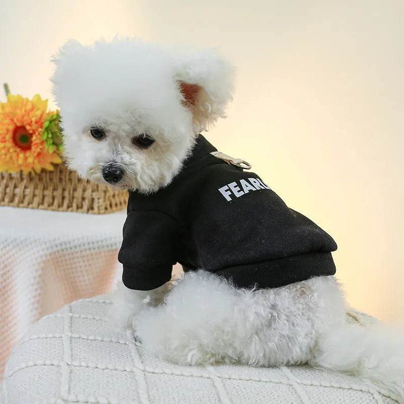 Pet traction sweater in black or red polyester with open buttons, sizes XS to XL