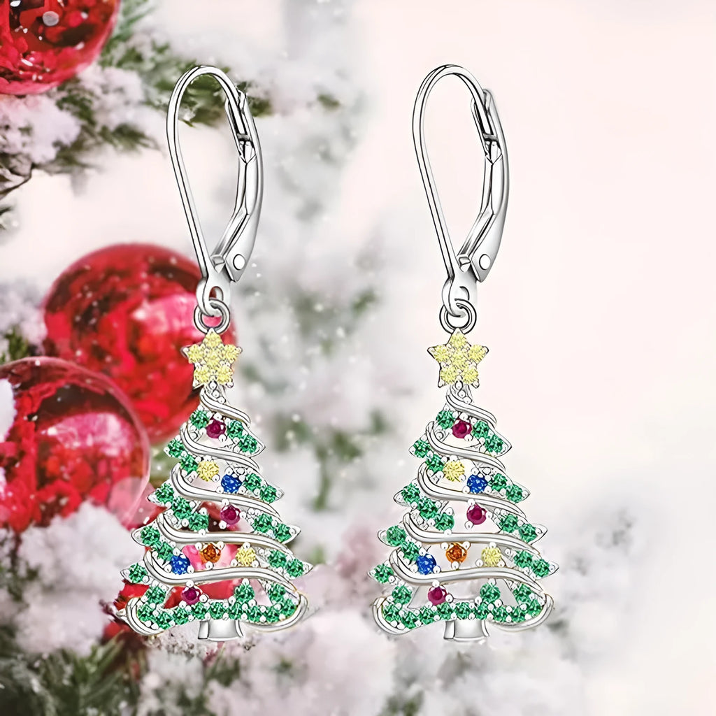 Christmas tree earrings for women with white gold colour finish and star design