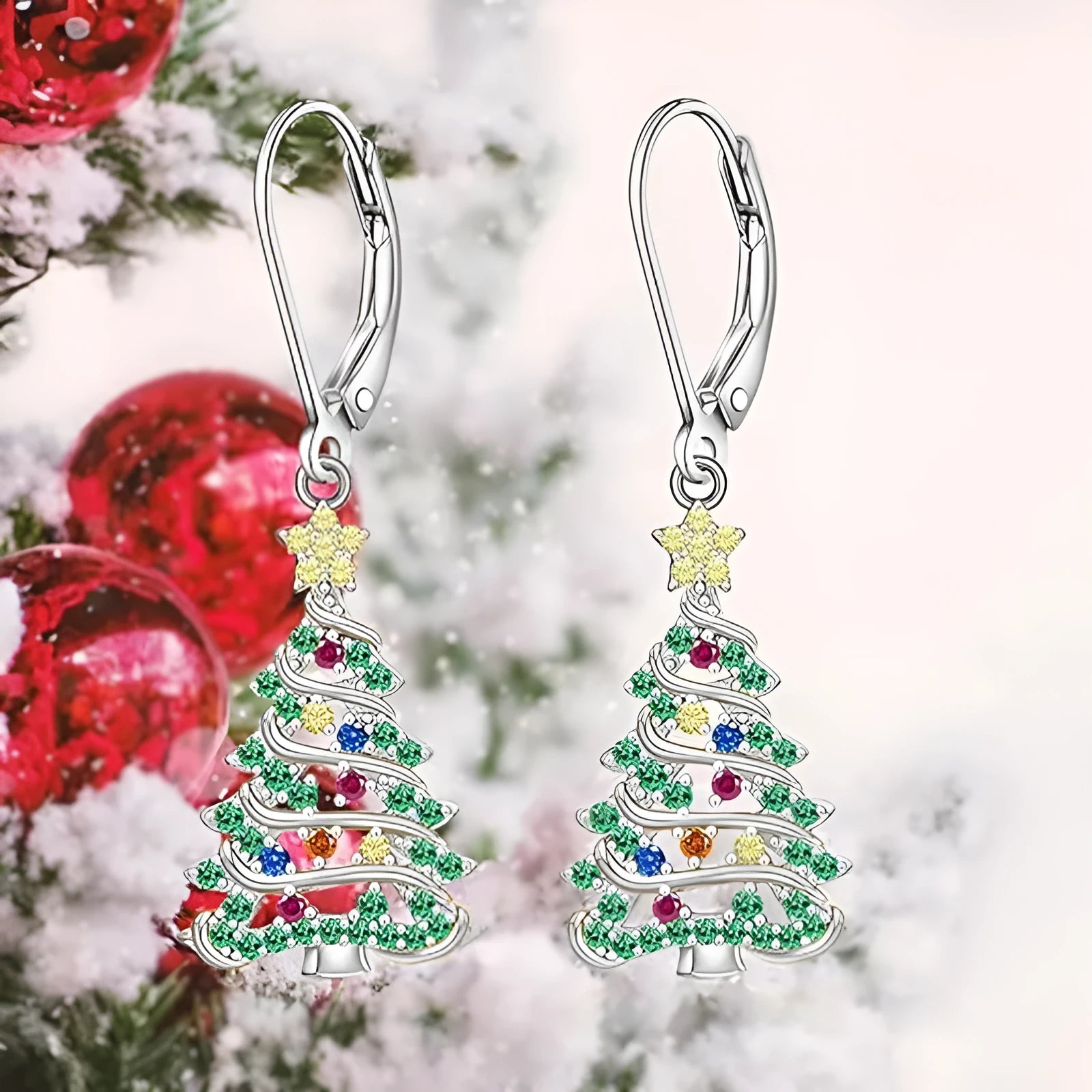 Christmas tree earrings for women with white gold colour finish and star design
