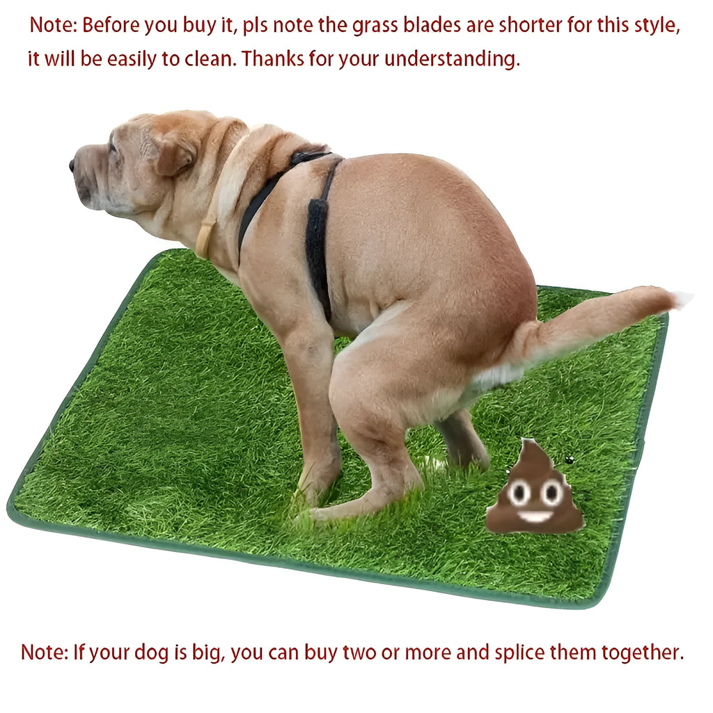 Washable artificial grass pet training mat for dogs and cats on a tiled floor.
