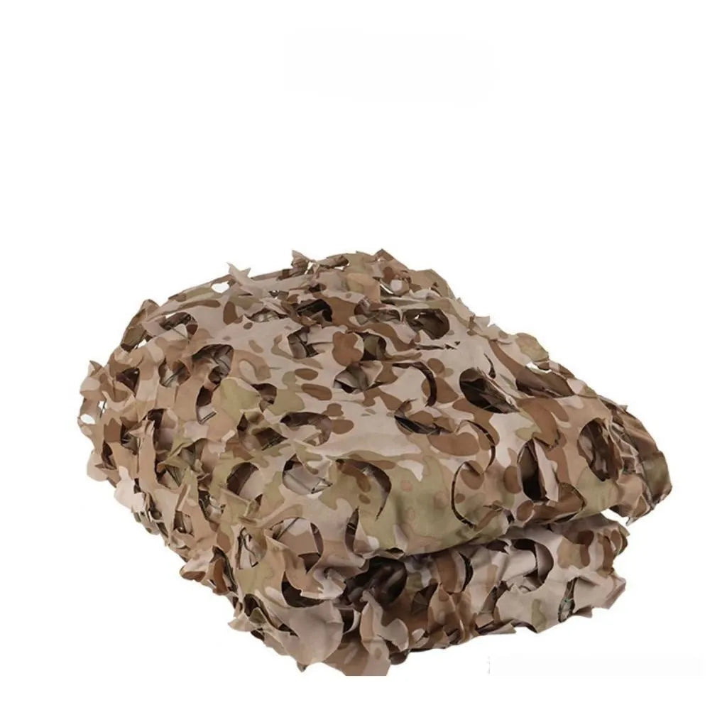 Green camouflage net cover deployed as a sunshade with desert pattern detail