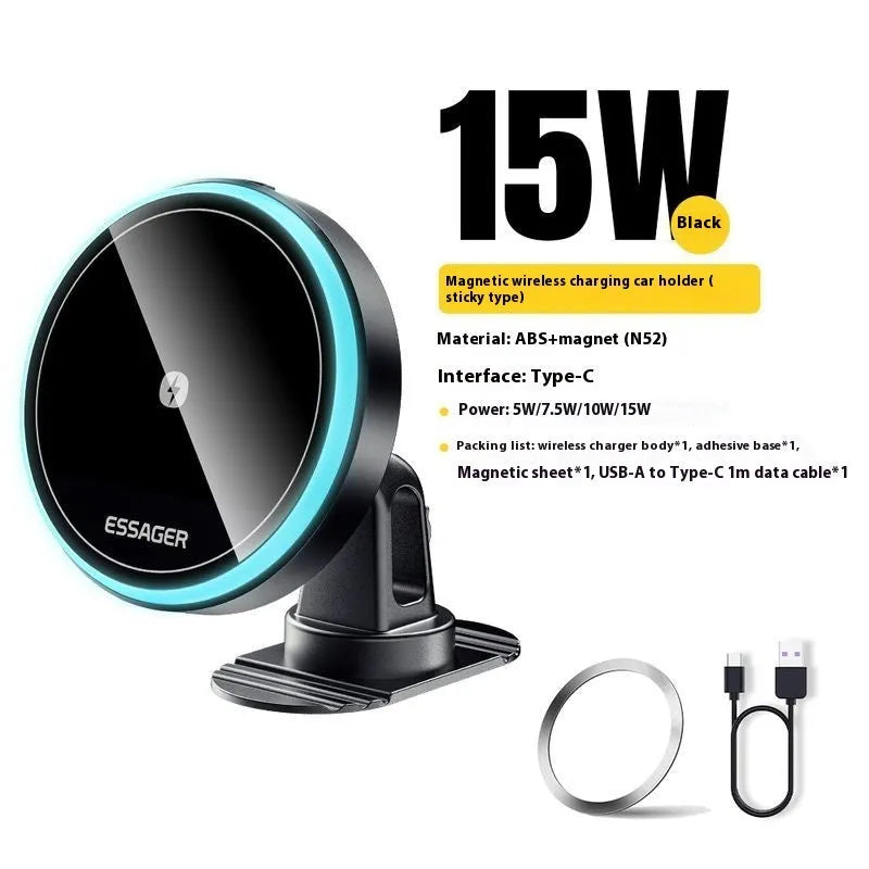 15W magnetic suction wireless charger bracket for car air outlet, Black, universal fit ABS construction