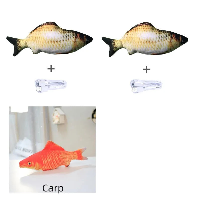 Multicolour electronic fish cat toy measuring 30cm with USB charging cable