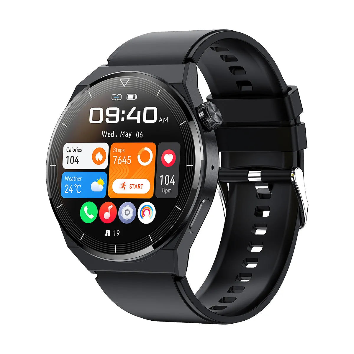 Round Android smartwatch with black silicone band showing Bluetooth and NFC icons on its 1.36-inch screen.