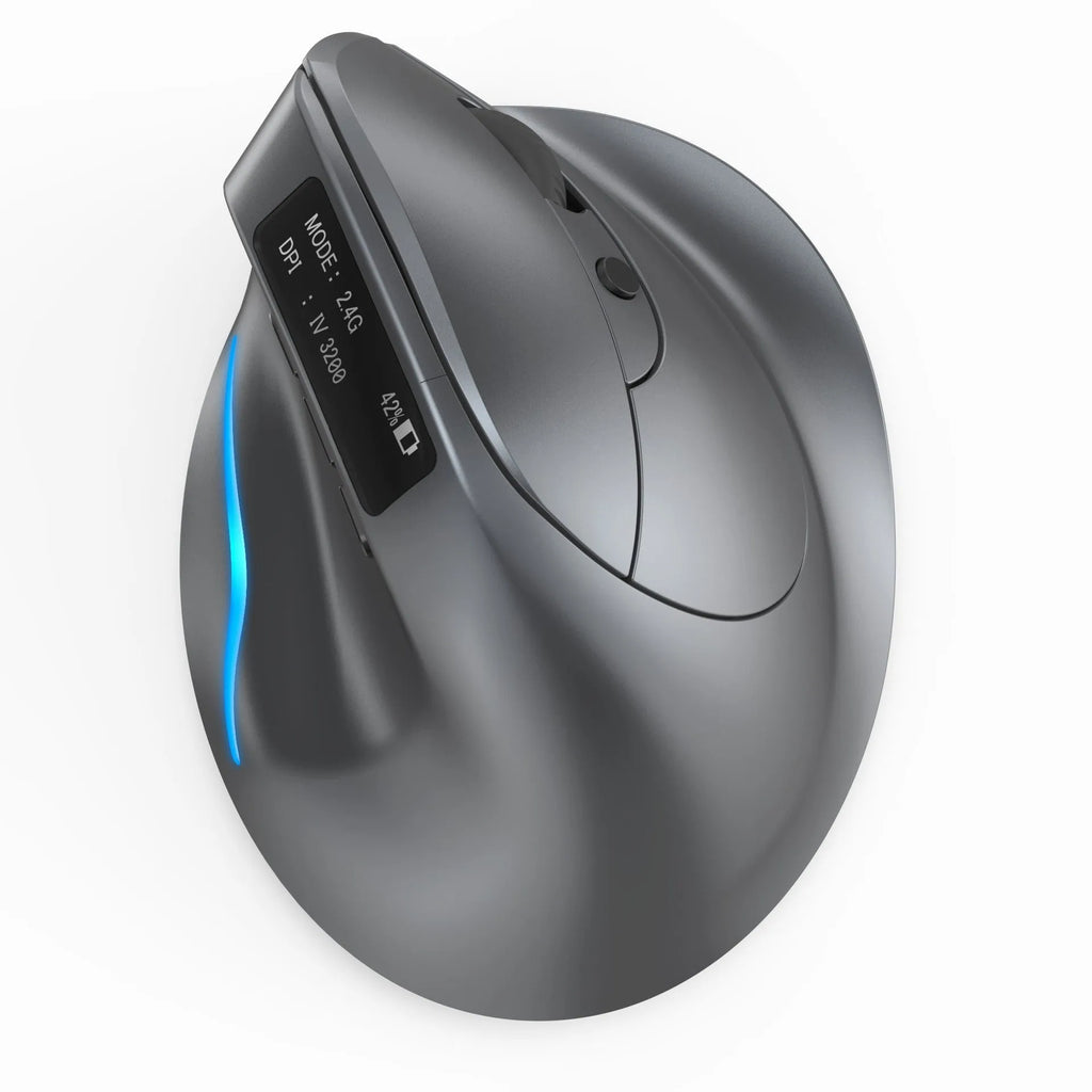 Grey Bluetooth vertical mouse with wireless charging, 12cm size, for laptop use