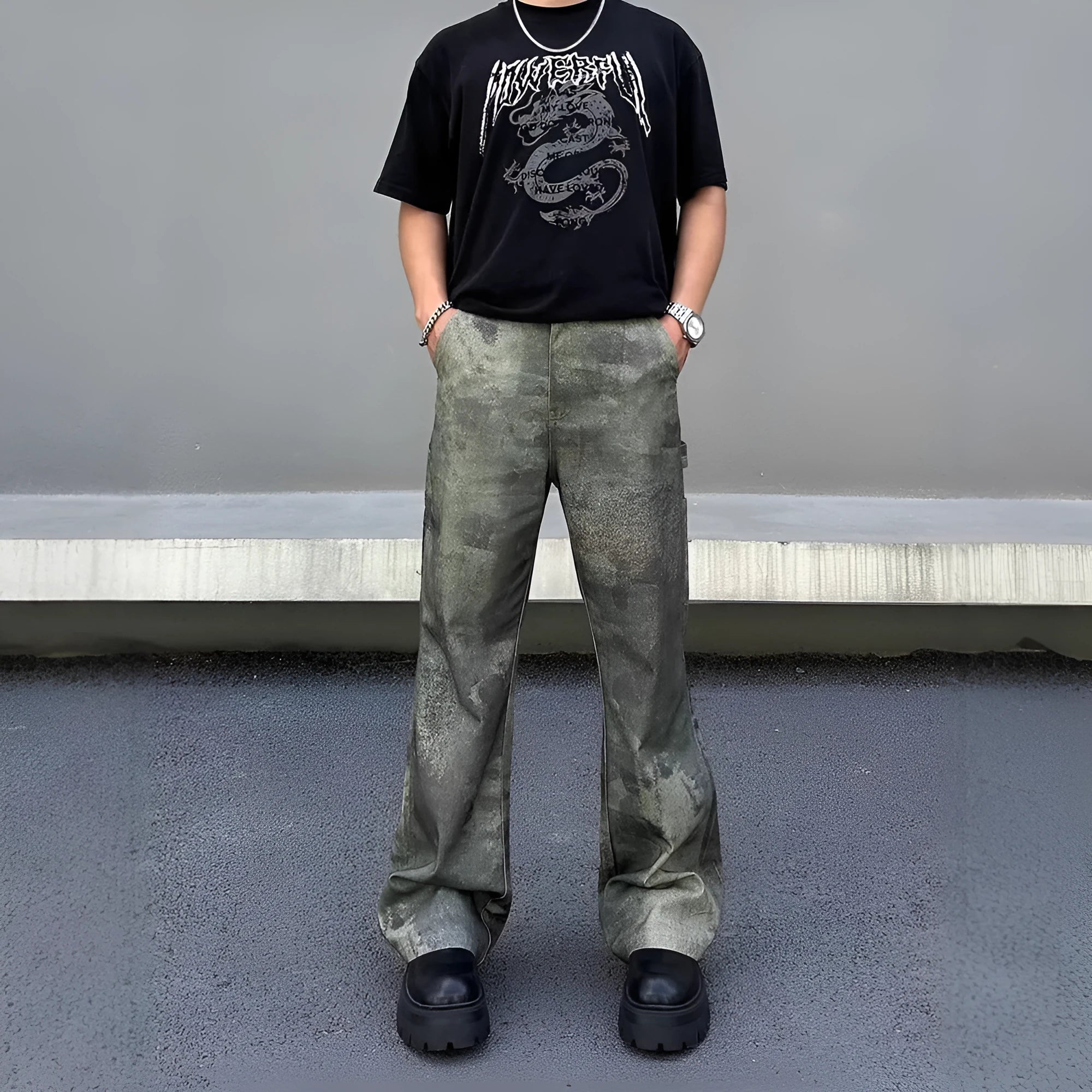 Men's digital camouflage denim jeans in straight cut with mid waist styling