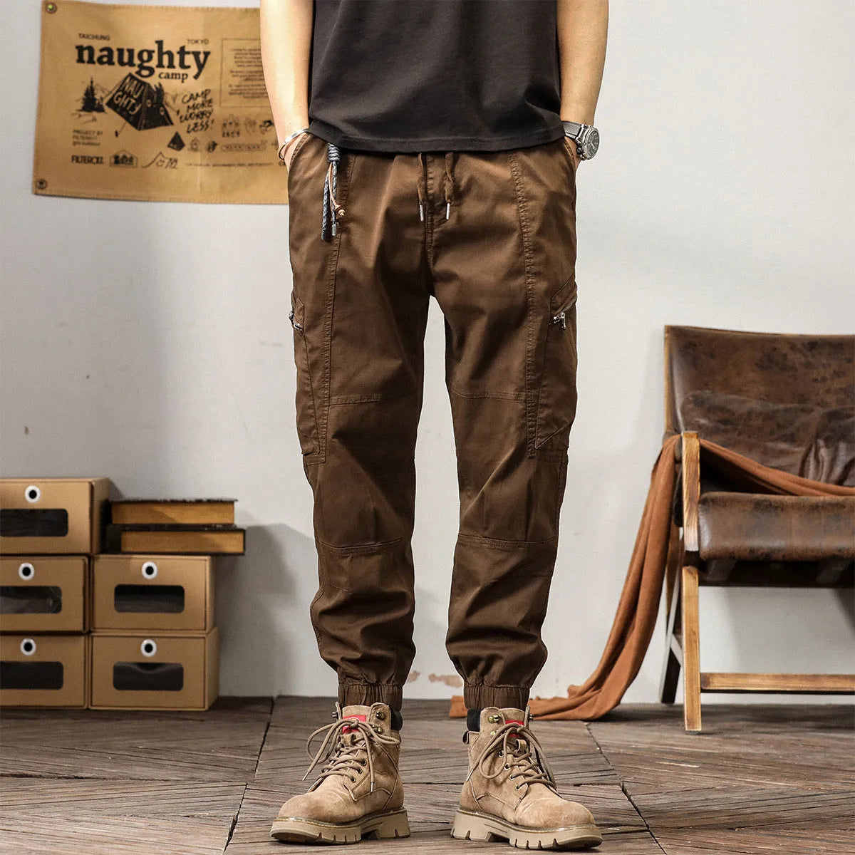 Men's khaki peacock green harem pants with tapered ankle bands and mid-waist design