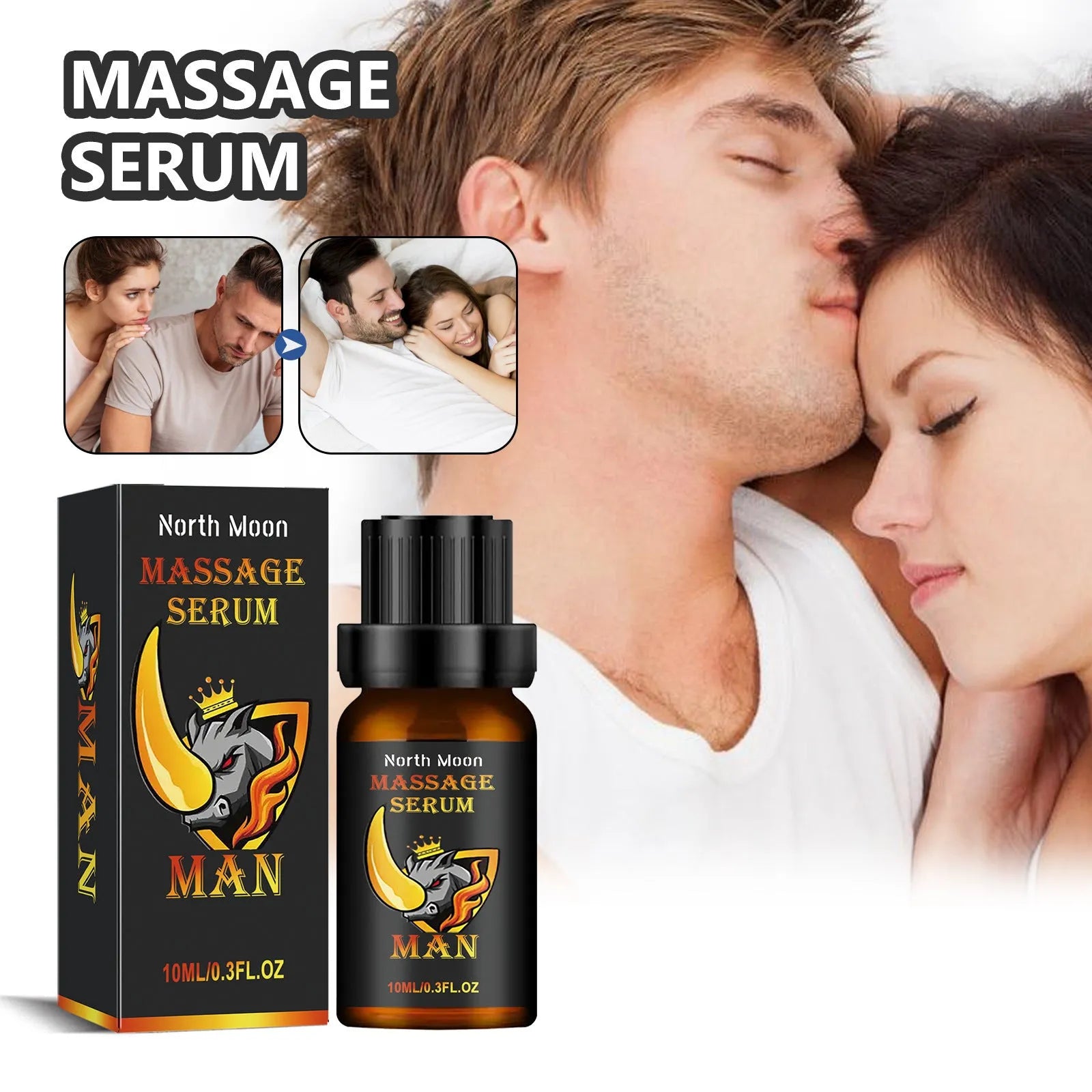 A 10ml glass bottle of men's endurance and vitality massage essential oil.