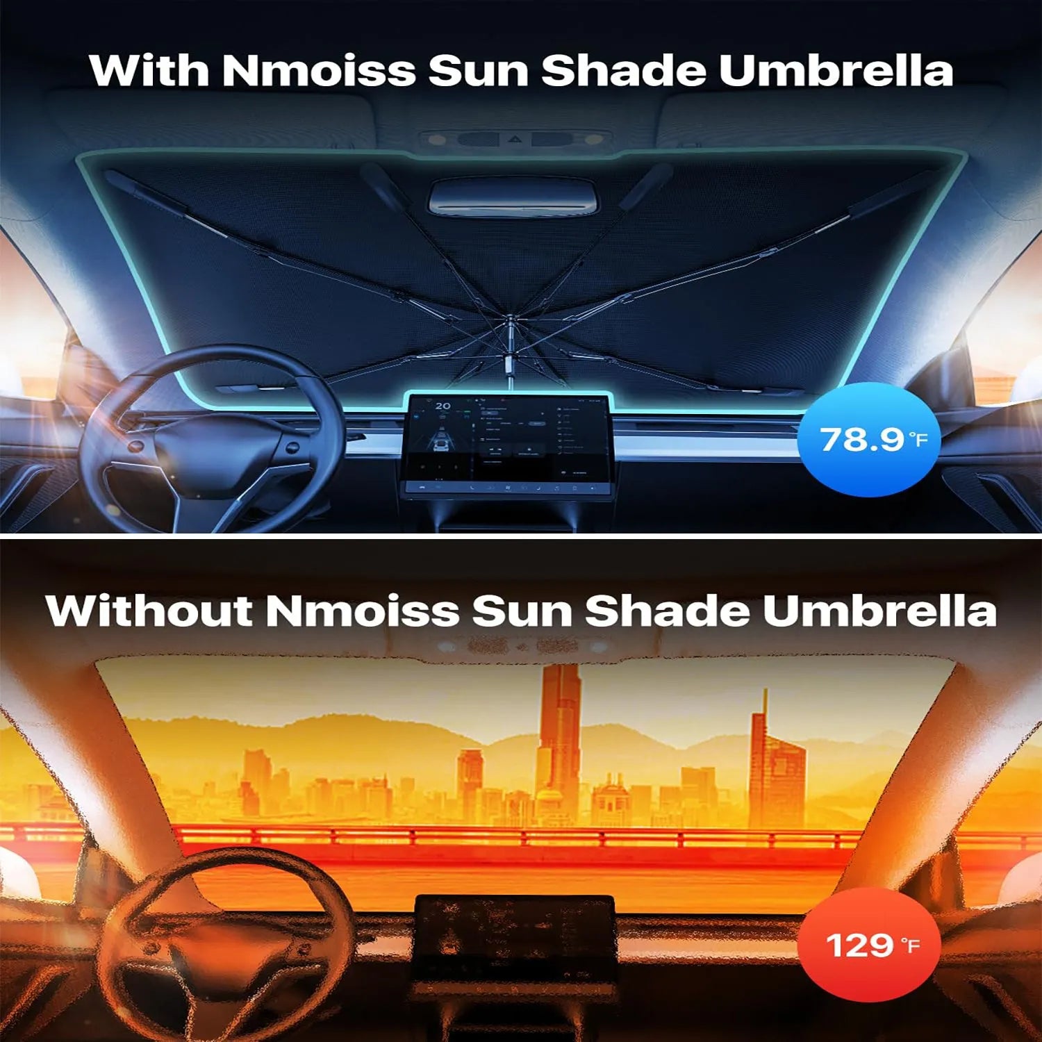 Silver reflective windshield sun shade umbrella with spring edge for car interior sun protection