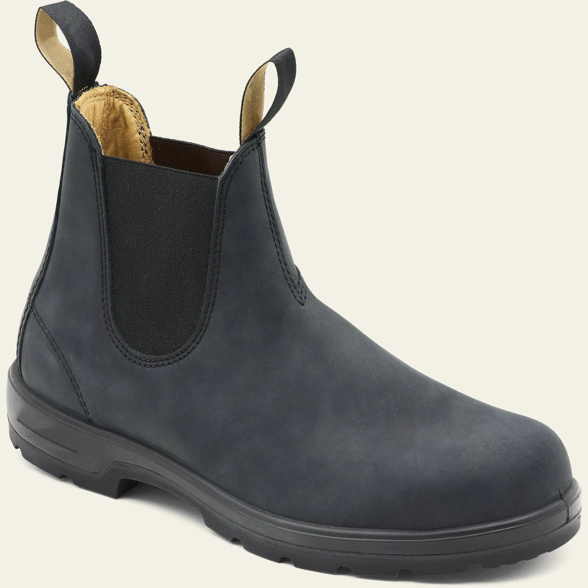 Vintage brown frosted PU leather Chelsea boots for men and women with car stitch detail and low heel.