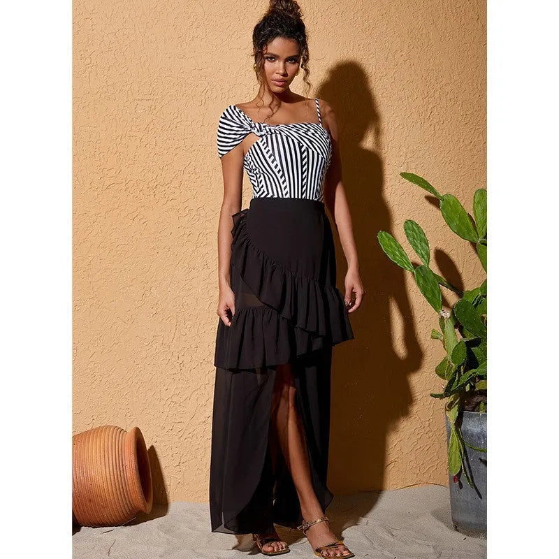 Women's ruffled striped one-piece swimsuit in polyester, showing sleeveless design and striped pattern options.