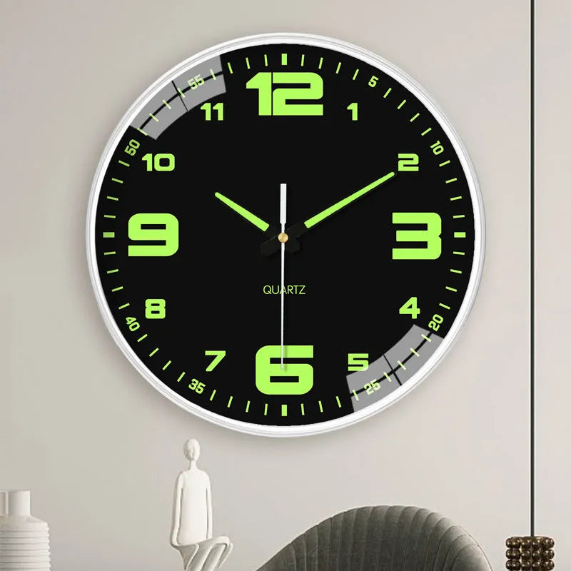 Modern 8 inch diameter luminous wall clock with silent movement on a wall.