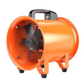 Portable 8-inch industrial axial flow fan with flexible air duct for dust removal.
