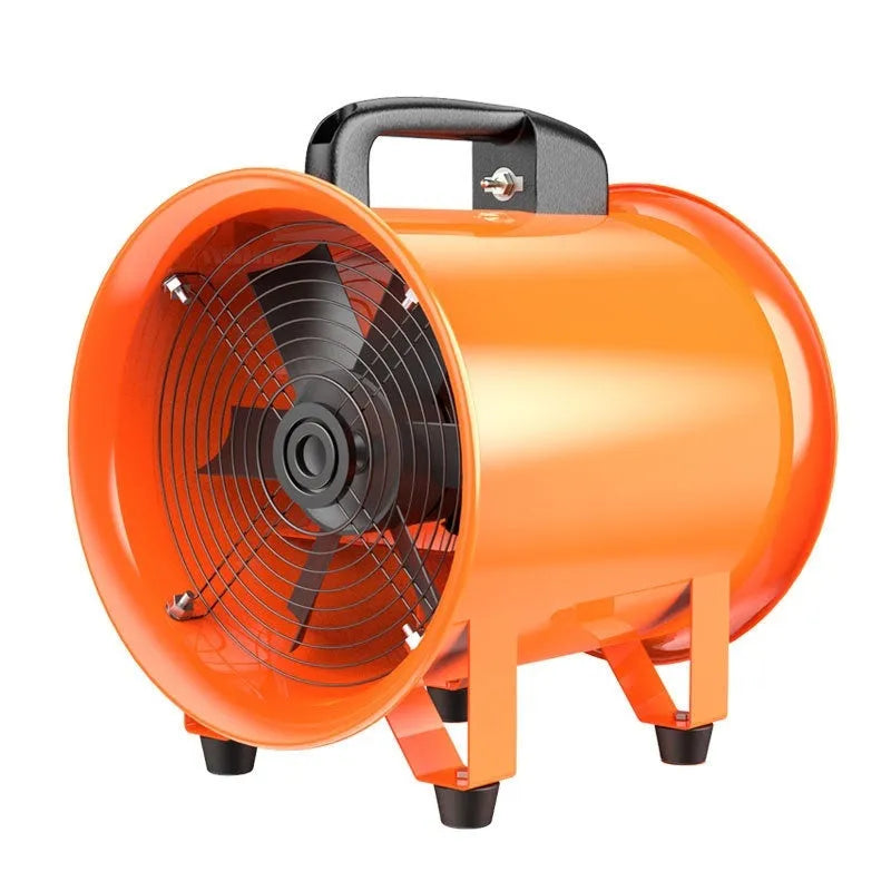 Portable 8-inch industrial axial flow fan with flexible air duct for dust removal.