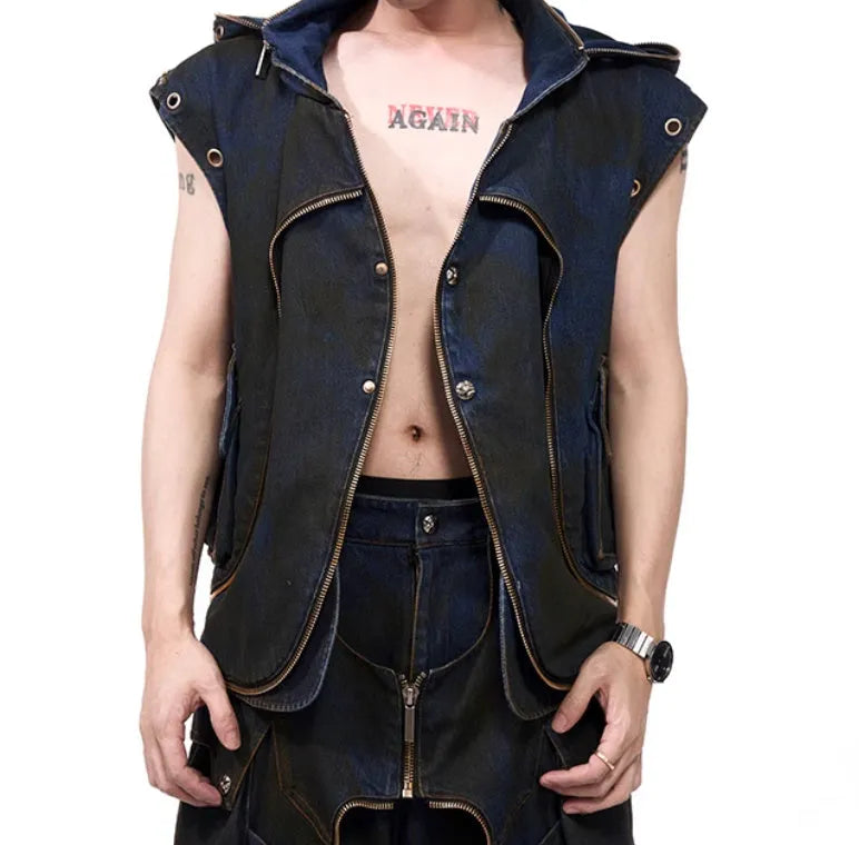 Blue Korean-style hooded denim vest coat and matching trousers outfit with front zipper closure