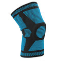Silicone spring knee protection sleeve in blue, green, orange, or white, showing polyamide material and size fit guide.