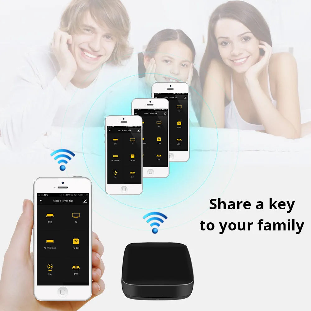 Black universal infrared remote control with voice control and WiFi connectivity