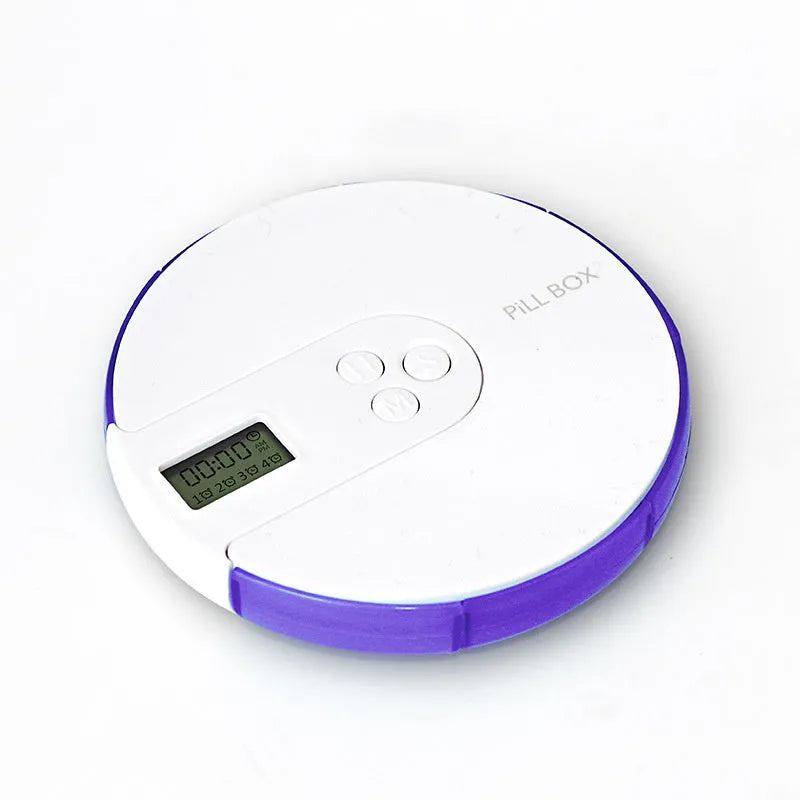 Blue 7-compartment alarm clock pill dispenser showing timer display and open lid with compartments.