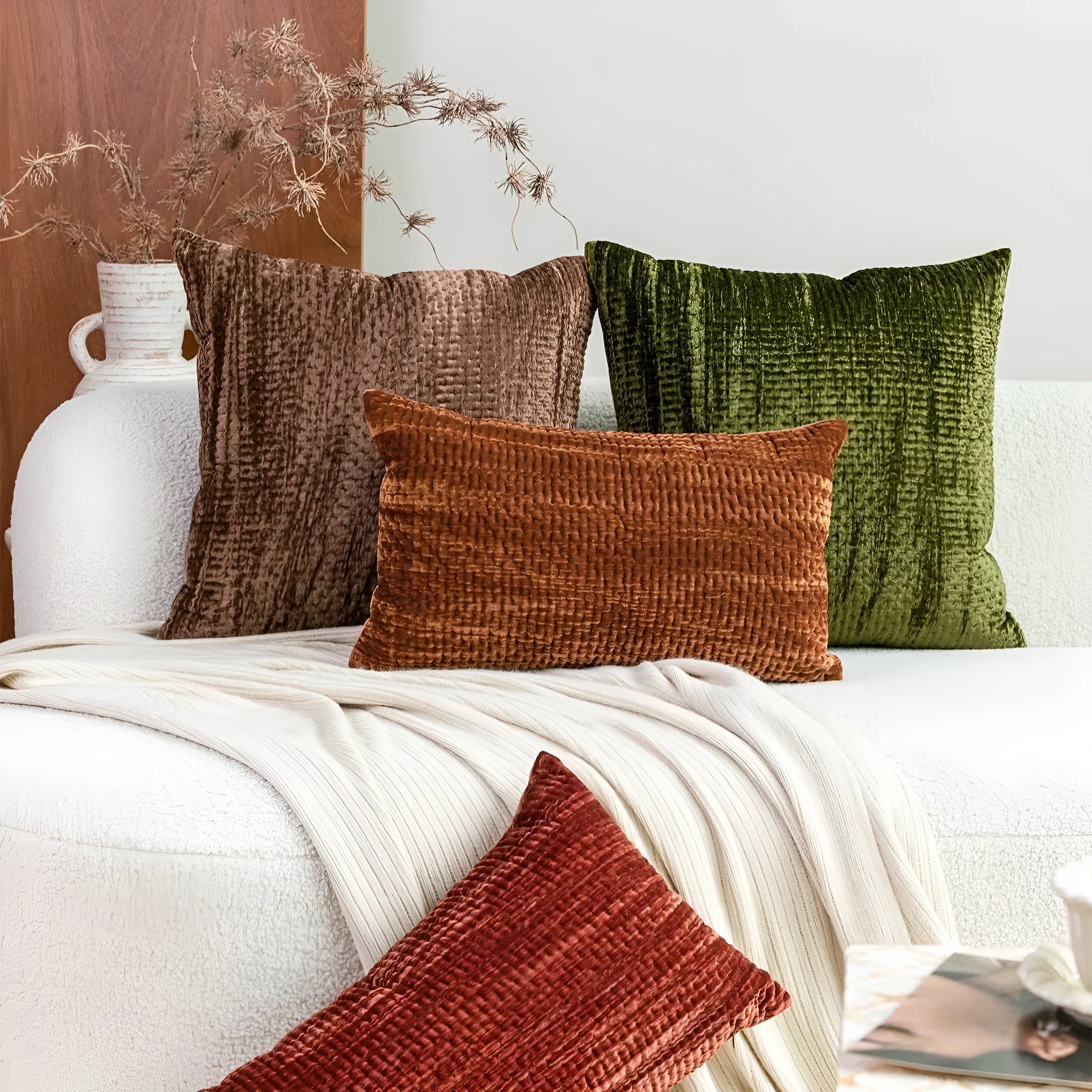 Antique style quilted cushion pillow in mercerised velvet with embossed texture, shown in square and waist pillow sizes