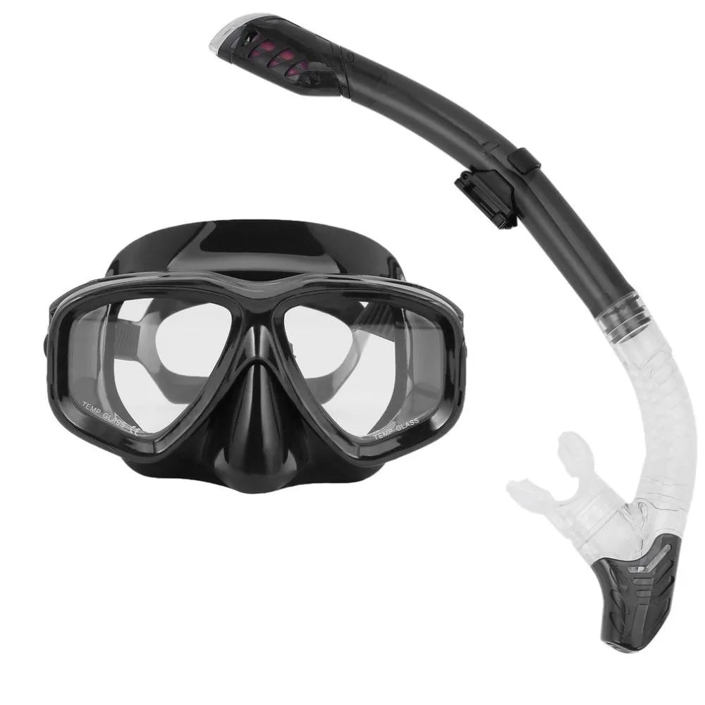 Black anti-fog lens diving goggles with PC frame, silicone strap, and mouthpiece on a blue background.