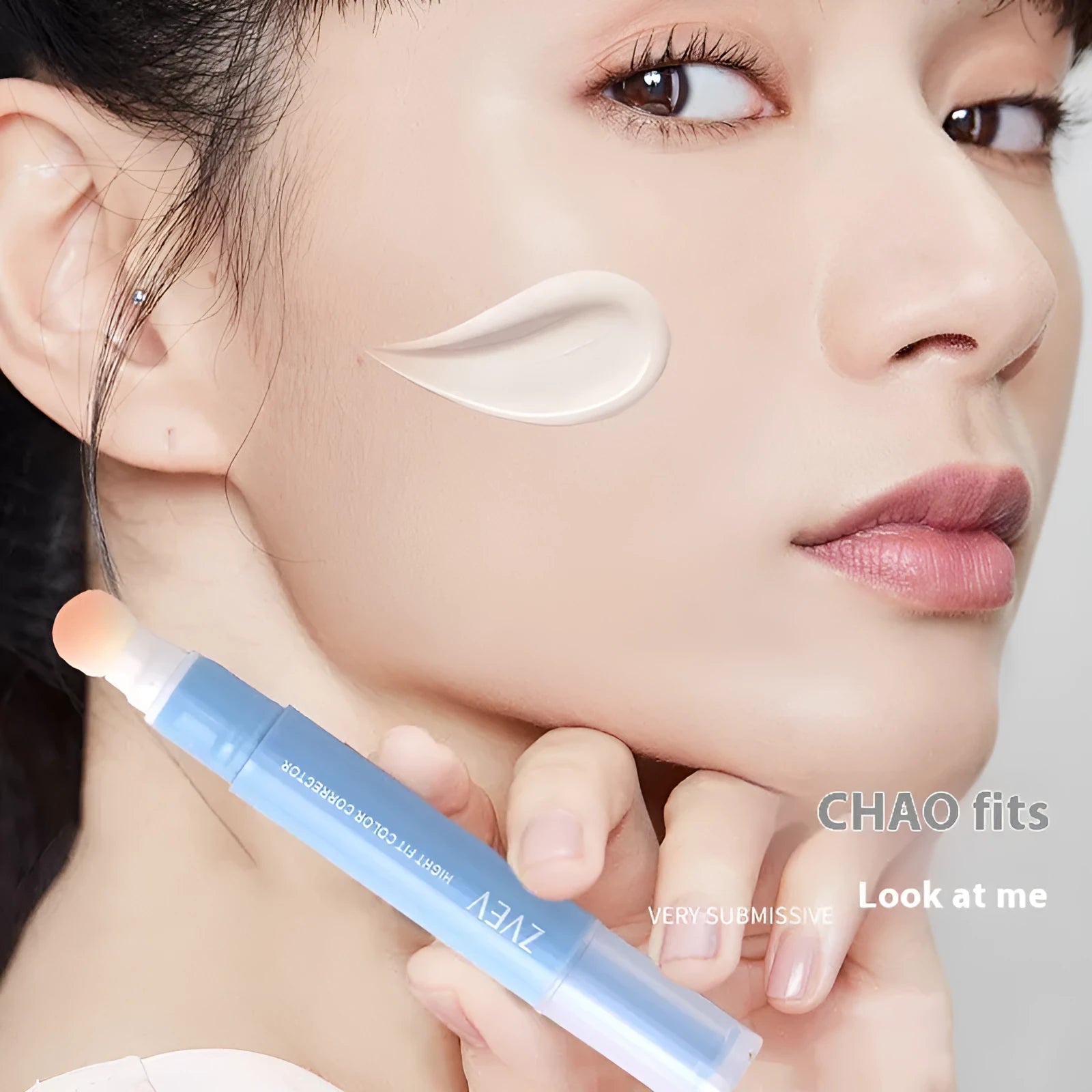 Concealer pen with sponge brush head applicator in brightening skin, pink flesh, and flesh colour shades.