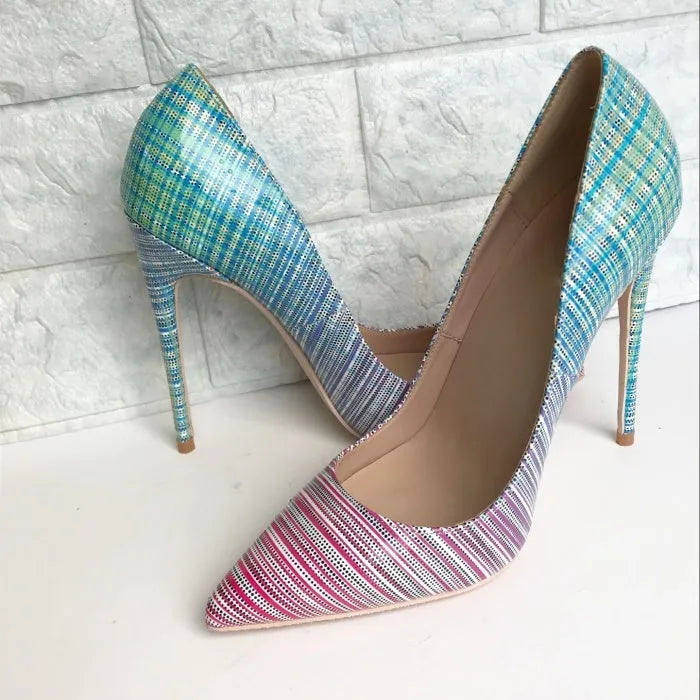 Pink to blue gradient patent leather ladies stilettos with pointed toe and high heel
