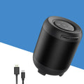 Black and white Bluetooth speaker with AI voice control featuring 16-hour battery and subwoofer boosting
