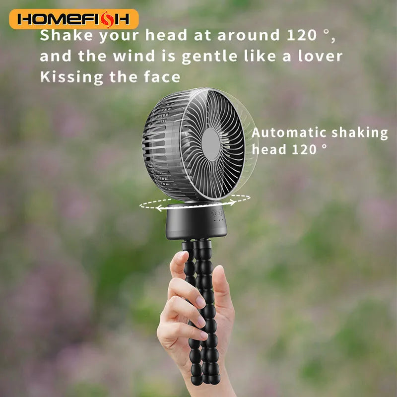 HOMEFISH F2 automatic shake head fan with LED light attached to a baby stroller