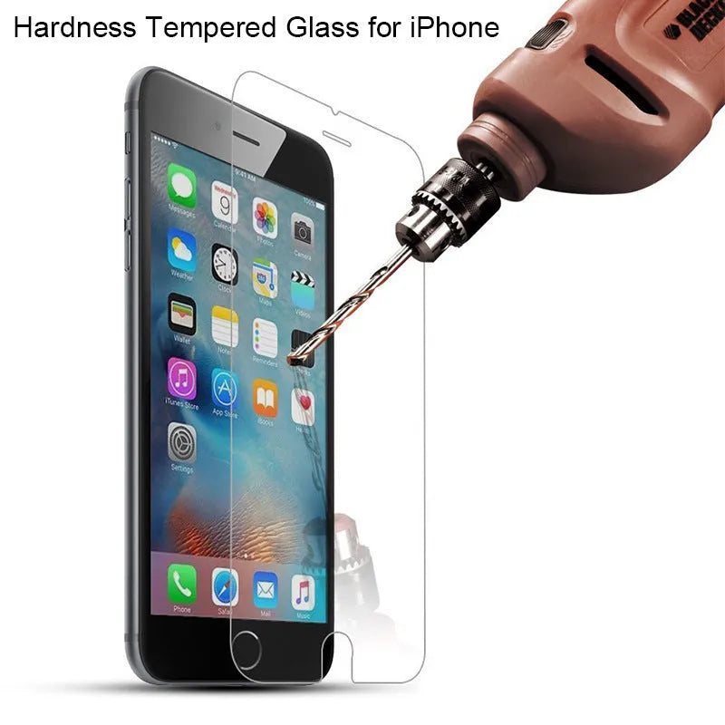 Transparent tempered glass screen protector for iPhone with anti-fingerprint coating.