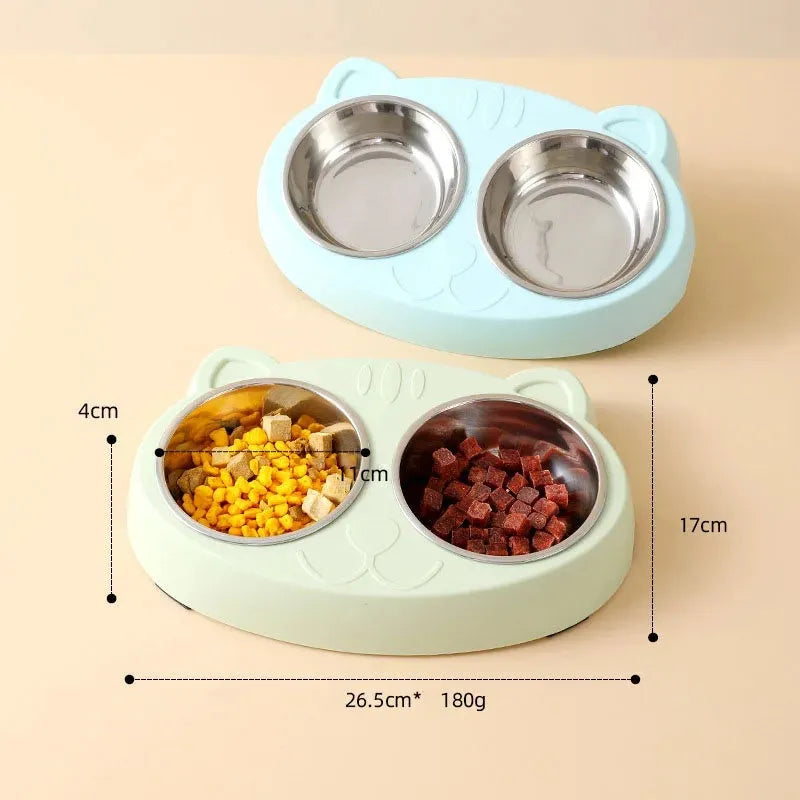 Blue plastic double bowl pet feeder tray with non-slip feet for holding cat or dog food and water dishes.