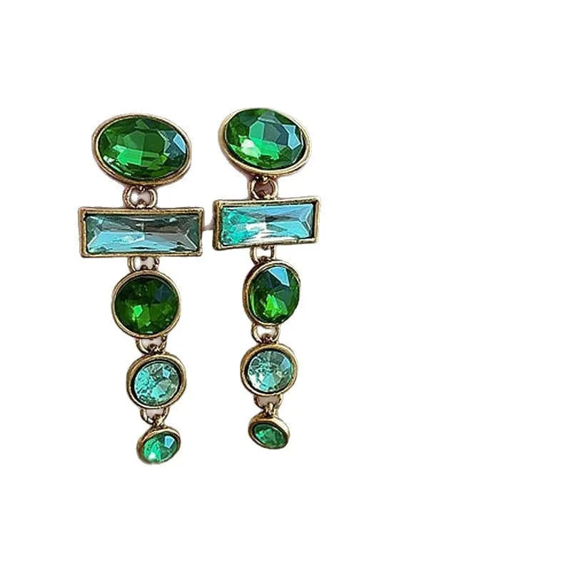 Geometric Chinese-style alloy earrings with green gradient colour, zircon inlay treatment and tassel detailing